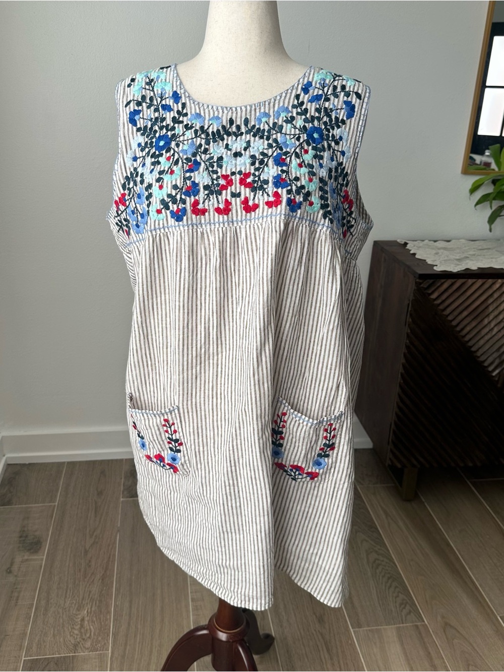 Tuckernuck Striped Sleeveless Midi Dress with Blue & Red Floral Embroidery